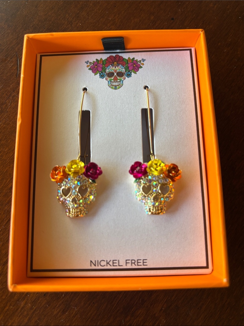 NIB Floral Sugar Skull Drop Earrings - Gold with Pink, Yellow, Orange Flowers